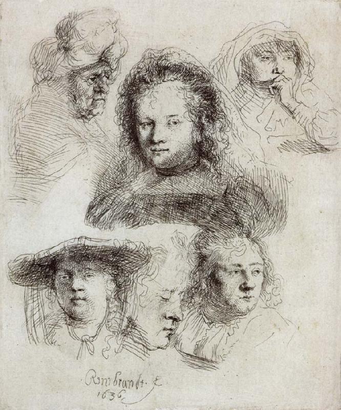 REMBRANDT Harmenszoon van Rijn Studies of the Head of Saskia and Others France oil painting art